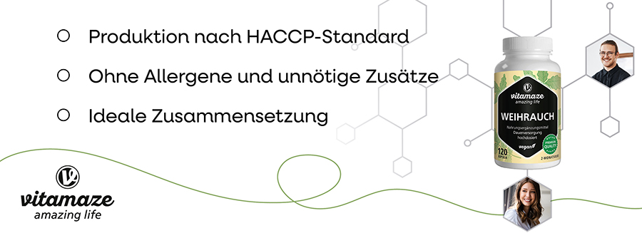 Weiße Flasche mit Kapseln, Text: Produktion nach HACCP-Standard, Ohne Allergene, Ideale Zusammensetzung. Logo Vitamaze.