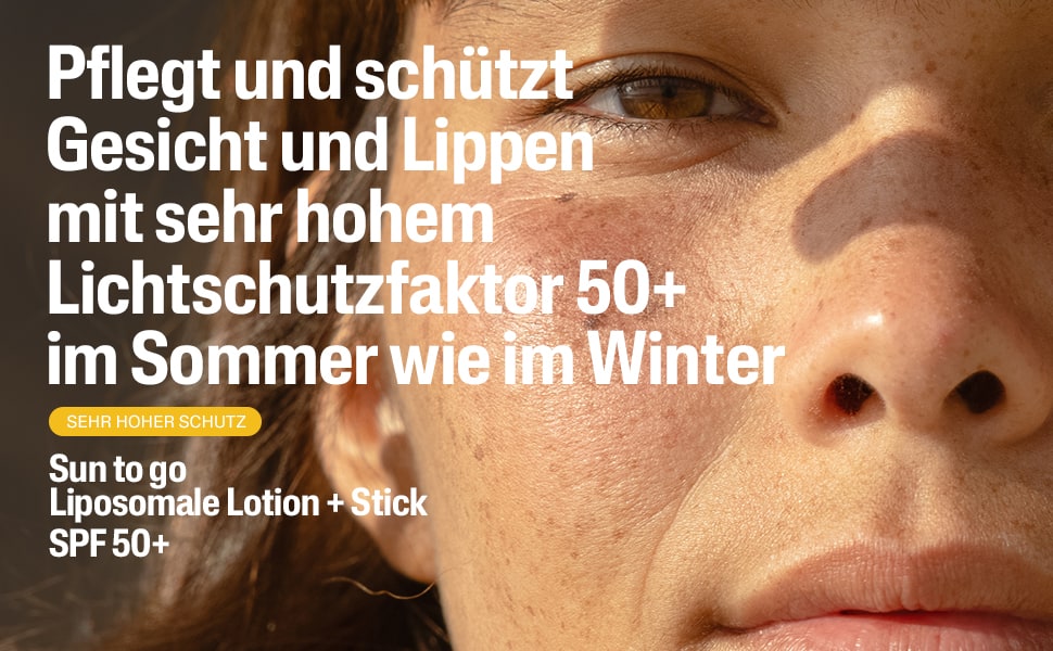 Gesicht einer Frau. Text: Schützt Gesicht und Lippen mit hohem Lichtschutzfaktor 50+.