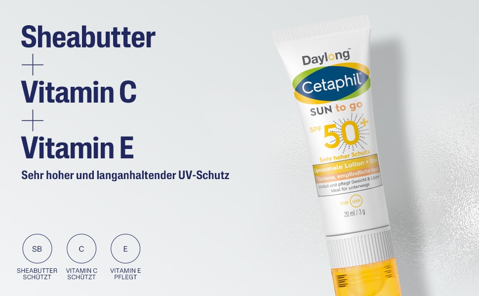 CETAPHIL SUN to go. Weiße Tube mit gelbem Boden. SPF 50+. Inhaltsstoffe: Sheabutter, Vitamin C, E.