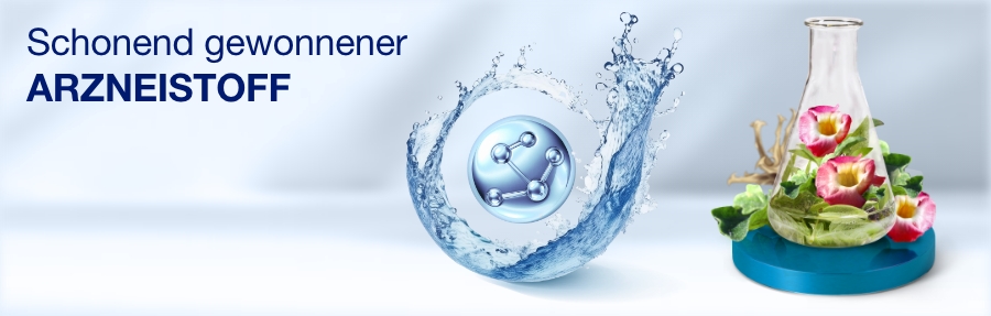 Labor-Szene mit Wasser und Molekülen. Text: Schonend gewonnener ARZNEISTOFF.