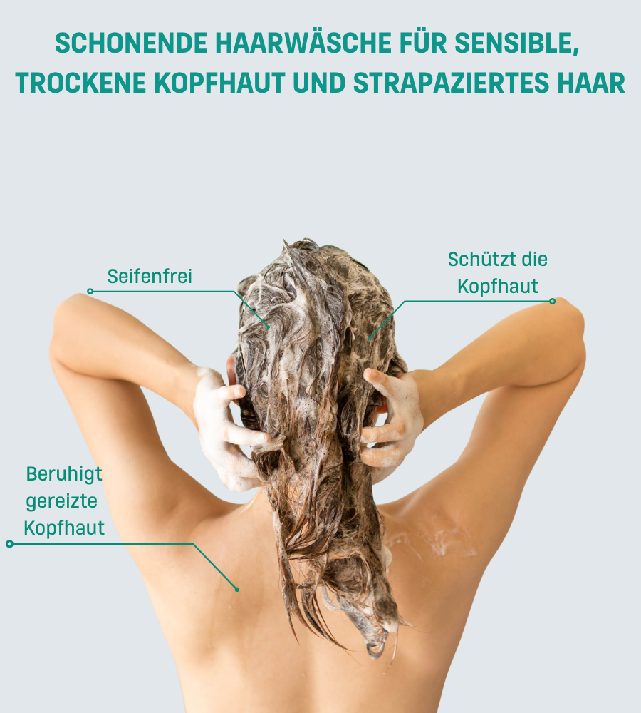 Text: Sanfte Haarwäsche für sensible, trockene Kopfhaut und strapaziertes Haar.