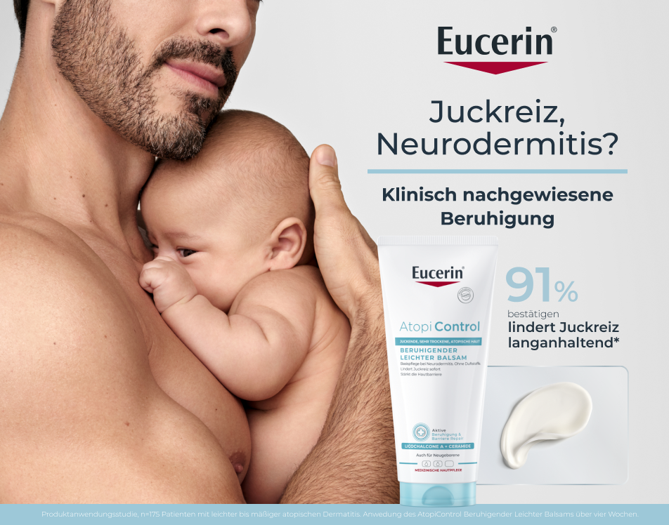 Mann hält Baby. Eucerin® AtopiControl Balsam. Text: Juckreiz, Neurodermitis? Klinisch nachgewiesene Beruhigung.