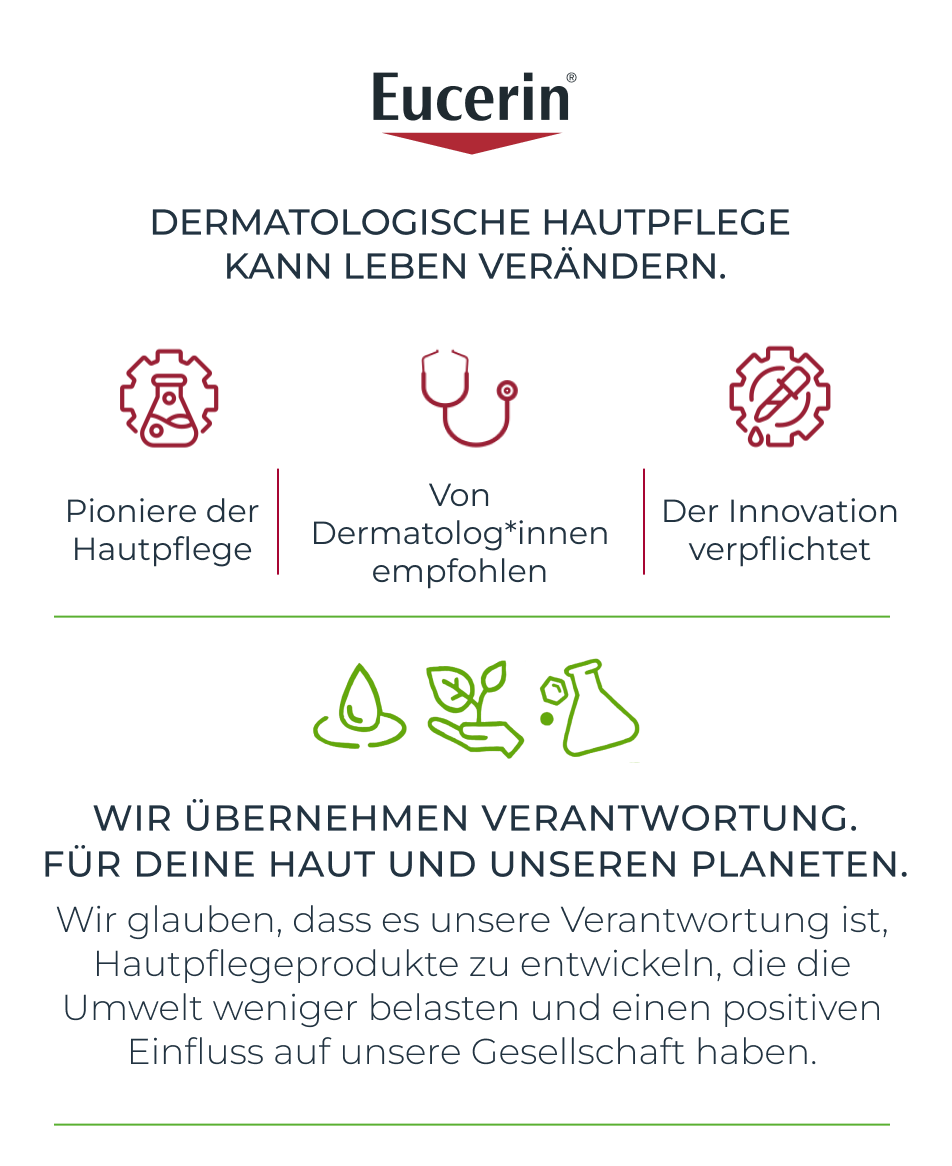 Eucerin® Logo. Text: Dermatologische Hautpflege kann Leben verändern. Verantwortung für Haut & Umwelt.