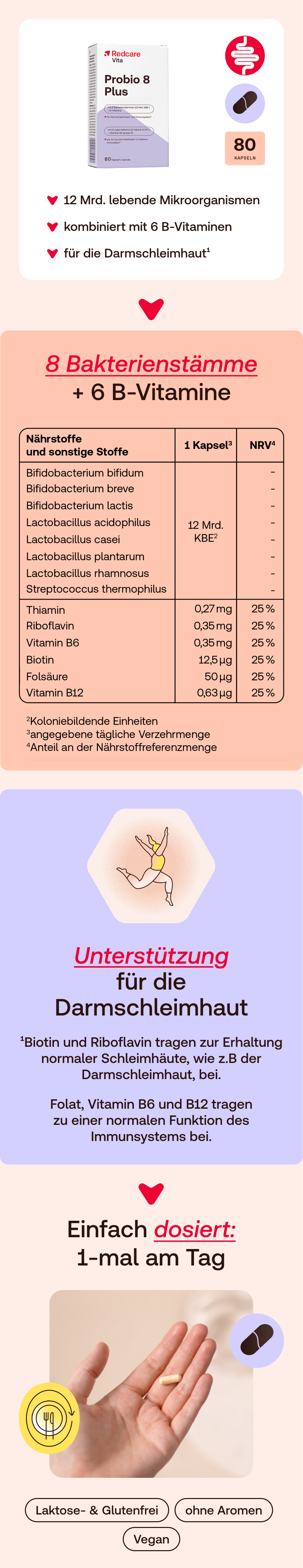 Infografik mit Produktabbildung, Inhaltsstoffen und Dosierung. Enthält Informationen zu 8 Bakterienstämmen.