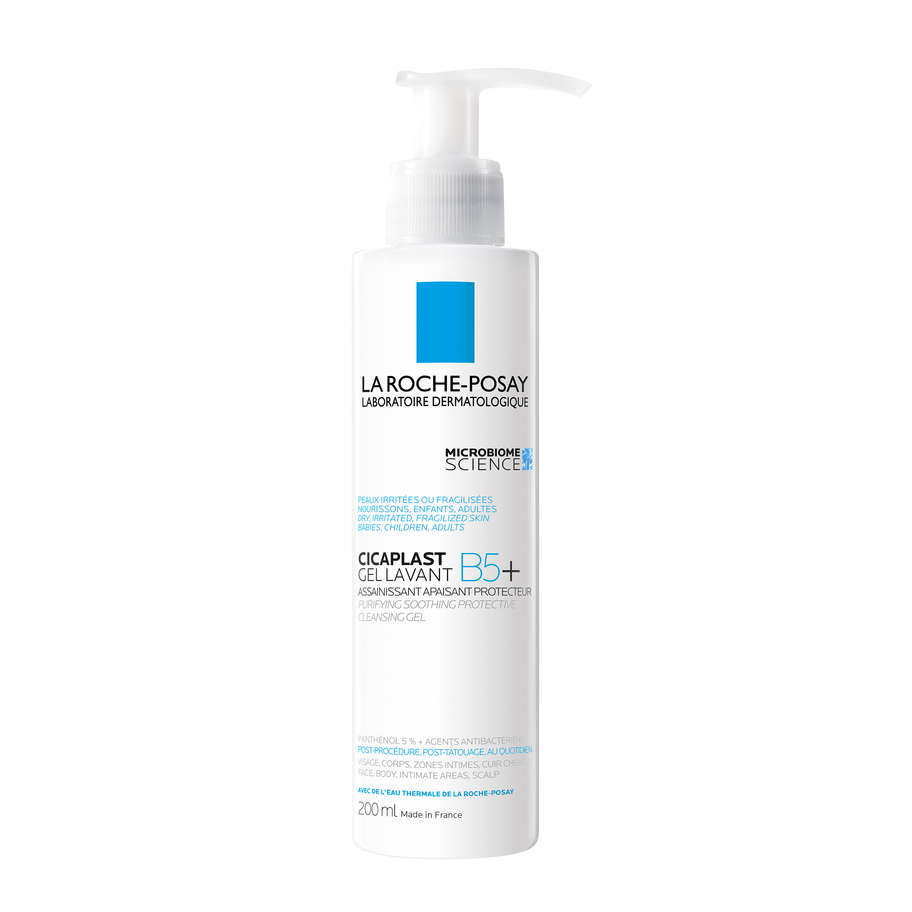 La Roche-Posay Cicaplast Lavant B5. Weißer Spender mit blauem Quadrat. 200 ml. Gel mousse.