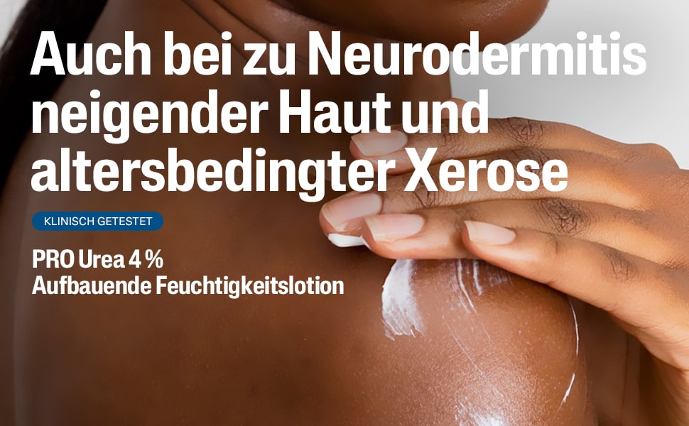 Frau trägt Lotion auf. Text: Auch bei zu Neurodermitis neigender Haut.