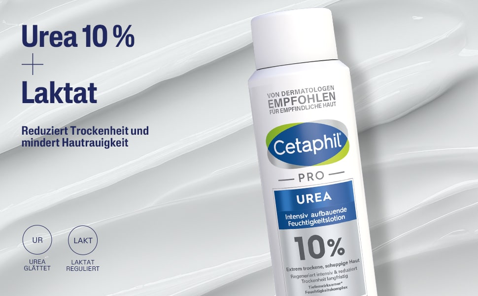Nahaufnahme von weißer Lotion und Flasche. Text: Urea 10% + Laktat. Reduziert Trockenheit.