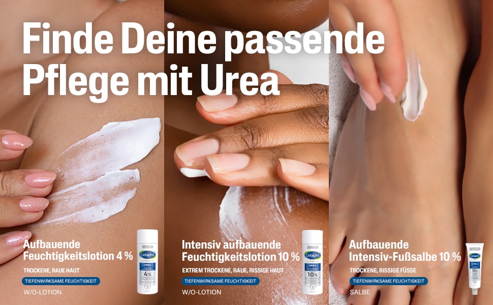 Drei Bilder: Lotionen für verschiedene Hautbedürfnisse. Text: Finde Deine passende Pflege.