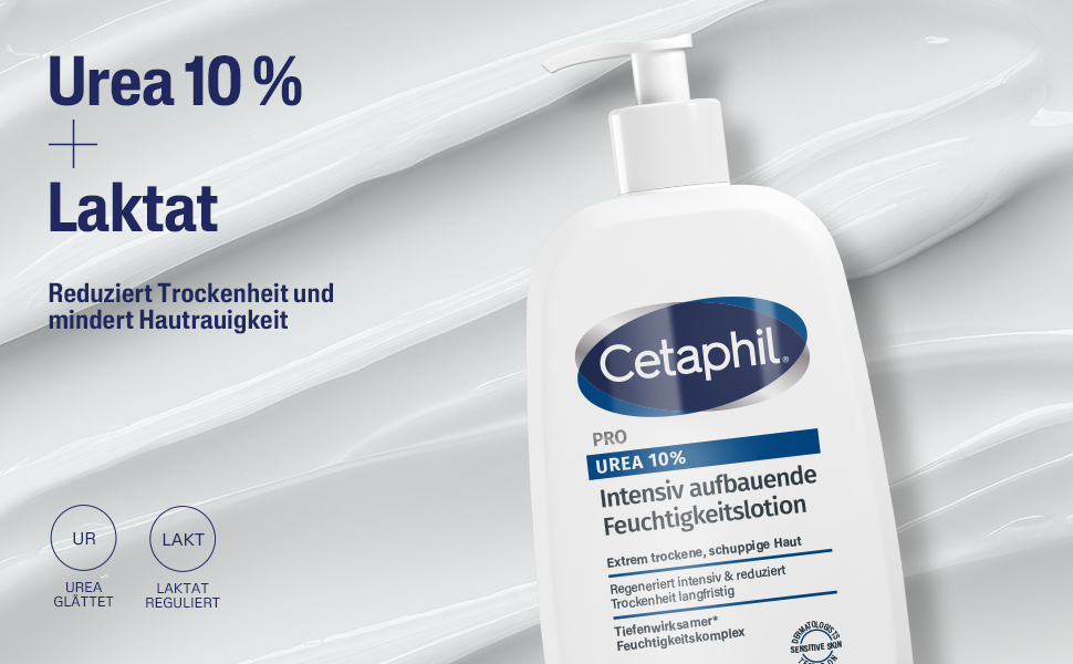 Flasche Cetaphil PRO Urea 10% Lotion. Text: Urea 10% + Laktat. Reduziert Trockenheit und mindert Hautrauhigkeit.