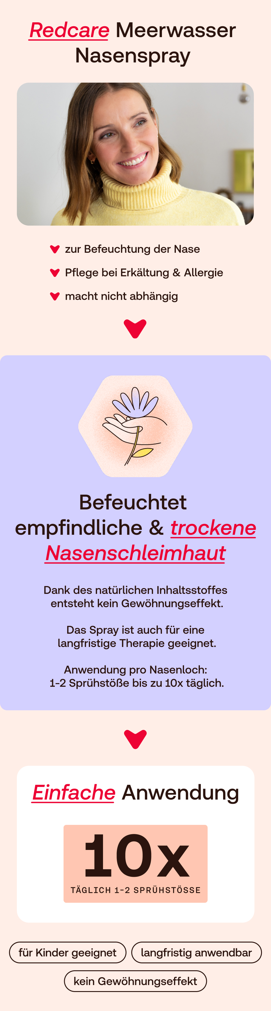 Redcare Meerwasser Nasenspray: Frau mit gelbem Pullover, Produktvorteile.