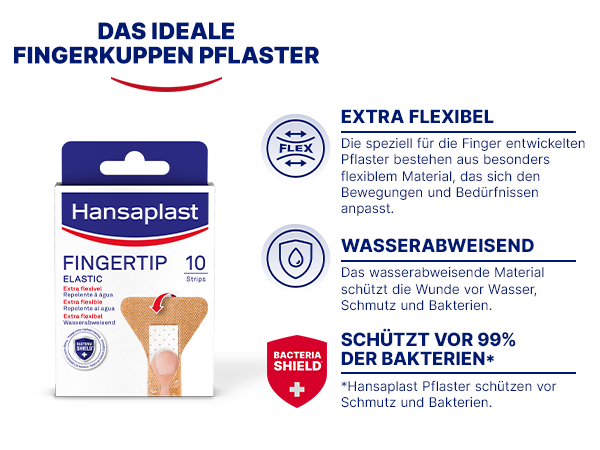 Nahaufnahme Fingerkuppenpflaster. Nicht verklebende Wundauflage, starke Klebkraft, extra flexibles Material.