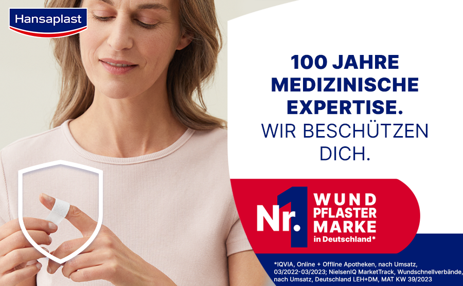 Frau mit Pflaster am Finger. Text: 100 Jahre medizinische Expertise. Wir schützen dich. Nr. 1 Wundpflaster Marke in Deutschland.