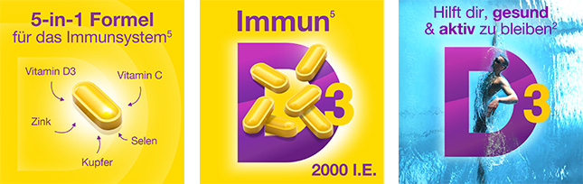 Zwei Bilder: Nr. 1 Marktführer, Gluten- & laktosefrei, ohne Bestandteile vom Schwein, ohne Gentechnik, ohne künstliche Farb- und Aromastoffe.