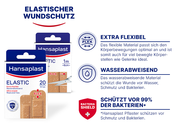 Produktabbildung: Hansaplast Elastic Pflaster. Text: Elastischer Wundschutz. Extra flexibel, wasserabweisend.