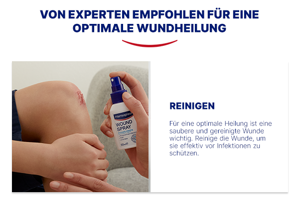 Bild zeigt die optimale Wundheilung: Reinigen. Mit Hansaplast Wundspray.