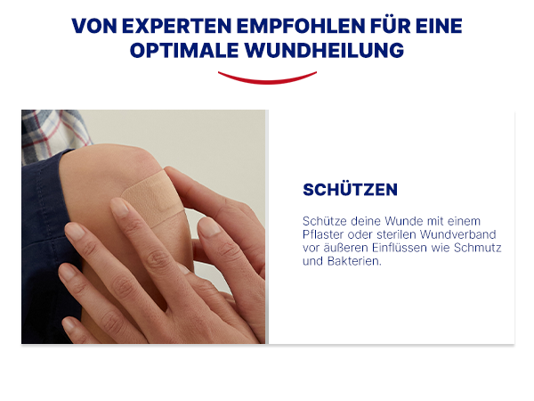 Bild zeigt die optimale Wundheilung: Schützen. Pflaster wird auf Knie geklebt.