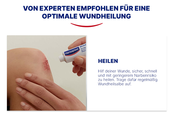 Bild zeigt die optimale Wundheilung: Heilen. Wundsalbe wird auf Knie aufgetragen.
