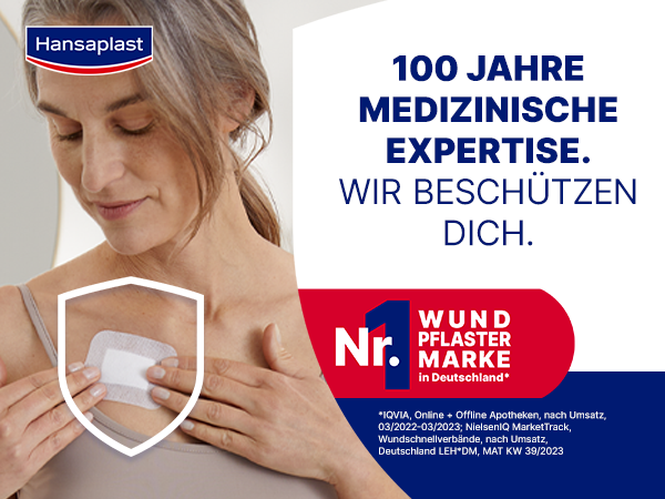 Frau mit Pflaster auf Brust. Text: 100 Jahre medizinische Expertise. Nr. 1 Wundpflaster Marke in Deutschland.