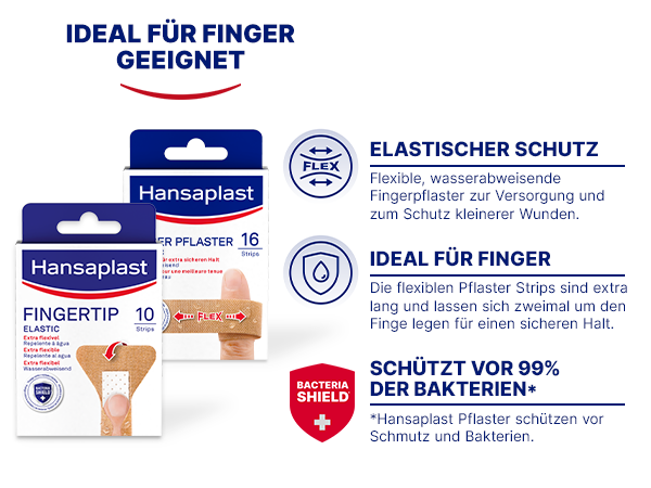 Produktabbildung: Hansaplast Fingerpflaster und Fingertip. Text: Ideal für Finger. Elastischer Schutz. Schützt vor 99% der Bakterien.