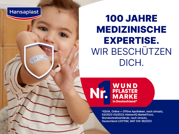 Kind mit Pflaster am Arm. Text: 100 Jahre medizinische Expertise. Wir beschützen dich. Nr. 1 Wundpflaster Marke in Deutschland.