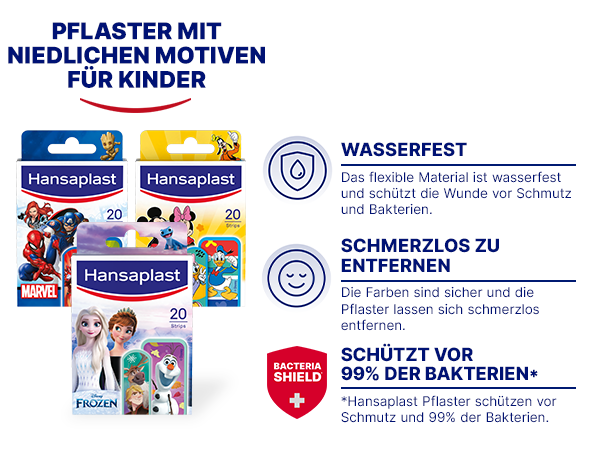 Pflaster mit niedlichen Motiven für Kinder. Verschiedene Packungen mit Marvel, Mickey Mouse, Frozen und Disney Motiven.
