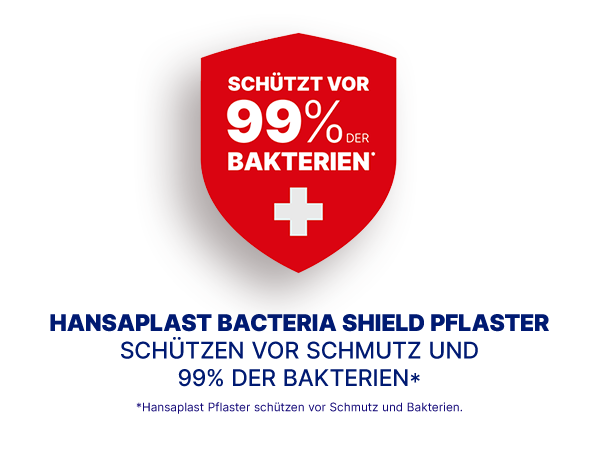 Rotes Schild mit weißem Kreuz. Text: Schützt vor 99% der Bakterien. Hansaplast Bacteria Shield Pflaster.