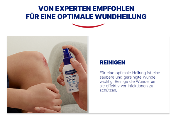 Person reinigt Knie mit Wundspray. Text: Von Experten empfohlen für eine optimale Wundheilung. Reinigen.