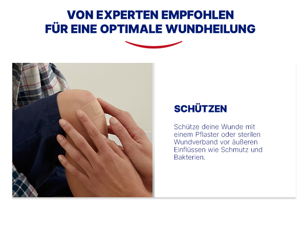 Person schützt Knie mit Pflaster. Text: Von Experten empfohlen für eine optimale Wundheilung. Schützen.