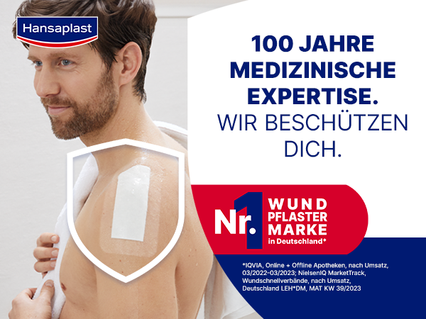 Mann mit Pflaster auf Schulter. Text: 100 Jahre medizinische Expertise. Wir beschützen dich. Nr. 1 Wundpflaster Marke in Deutschland.