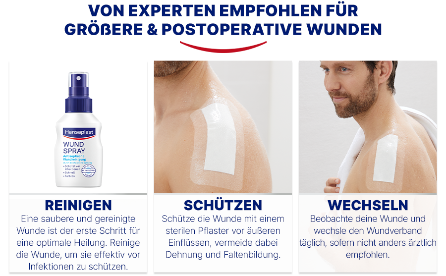 Von Experten empfohlen für größere & postoperative Wunden. Reinigen, schützen, wechseln. Hansaplast Wundspray.