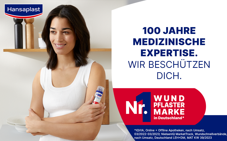 Frau mit Hansaplast Sprühpflaster. Text: 100 Jahre medizinische Expertise. Nr. 1 Wundpflaster Marke in Deutschland.