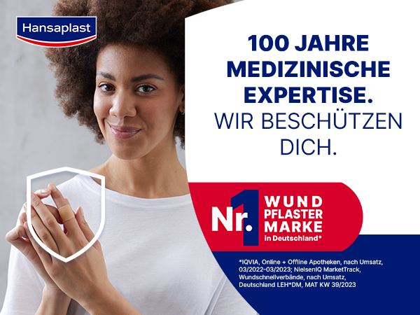 Frau mit Pflaster auf der Hand. Text: 100 Jahre medizinische Expertise. Nr. 1 Wundpflaster Marke in Deutschland. Wir beschützen dich.