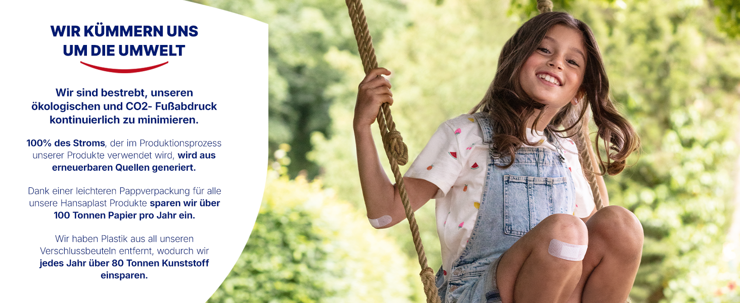 Mädchen auf Schaukel. Text: Wir kümmern uns um die Umwelt. 100% Strom aus erneuerbaren Quellen. Sparen über 100 Tonnen Papier.