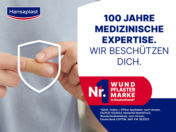 Mann mit Pflaster auf dem Finger. Text: 100 Jahre medizinische Expertise. Nr. 1 Wundpflaster Marke in Deutschland.