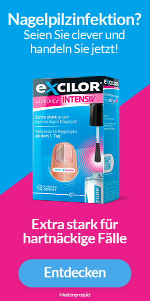 Werbebanner für Excilor® Intensiv Nagellack gegen Nagelpilz mit Vorher-Nachher-Bild und Button.