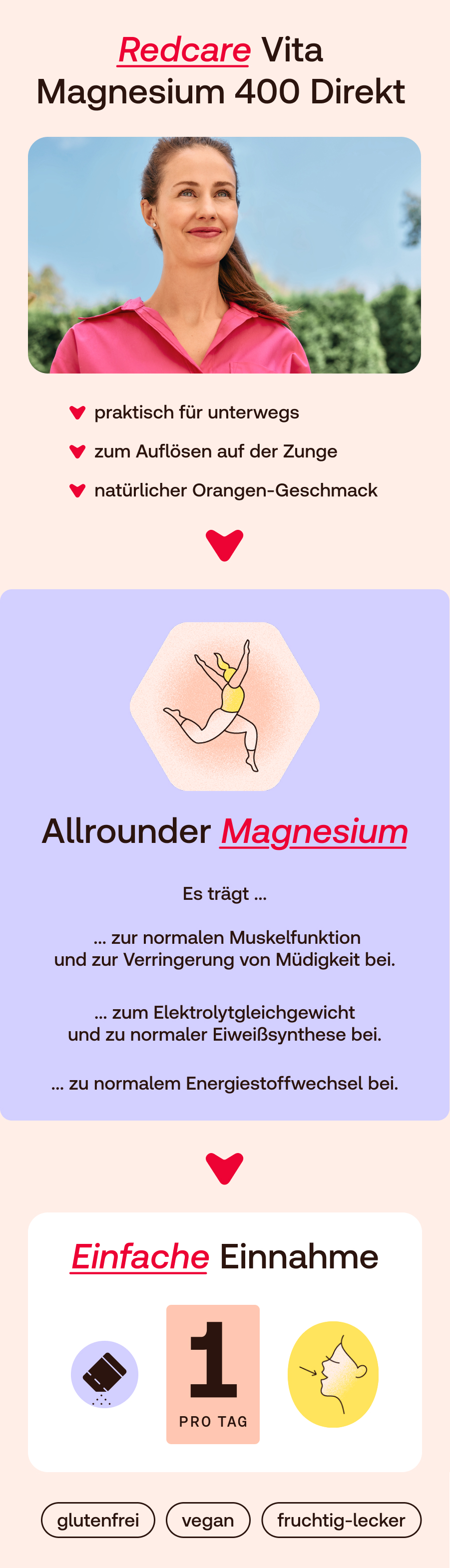 Werbebild mit Frau. Text: Redcare Vita Magnesium 400 Direkt. Praktisch für unterwegs, auf der Zunge auflösen.