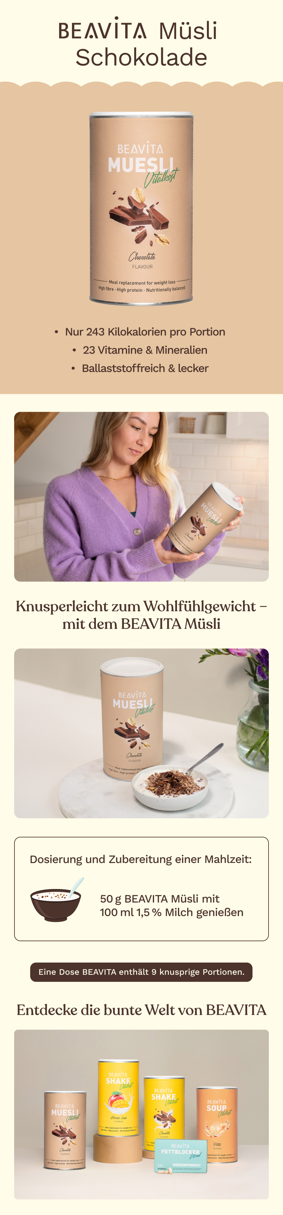 BEAVITA Müsli Schokolade: Dose, Frau mit Dose, Zubereitung und Produktvielfalt.