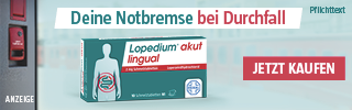 Anzeige: Lopedium akut lingual 2 mg Schmelztabletten. Text: Deine Notbremse bei Durchfall. Jetzt kaufen.