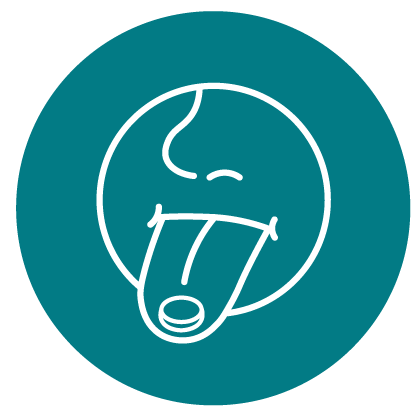 Symbol: Zunge mit Tablette. Text: Einnahme ohne Wasser.