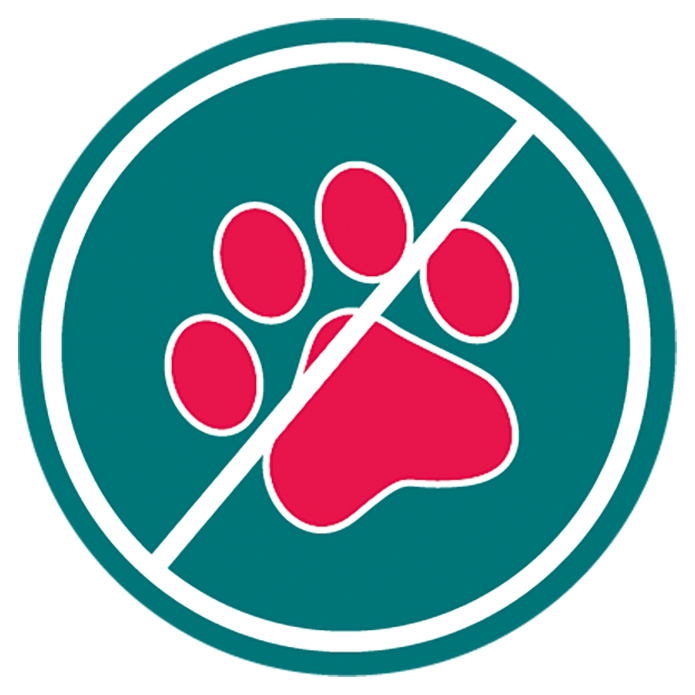 Symbol: Pfote mit rotem Strich. Text: Frei von tierischen Inhaltsstoffen.