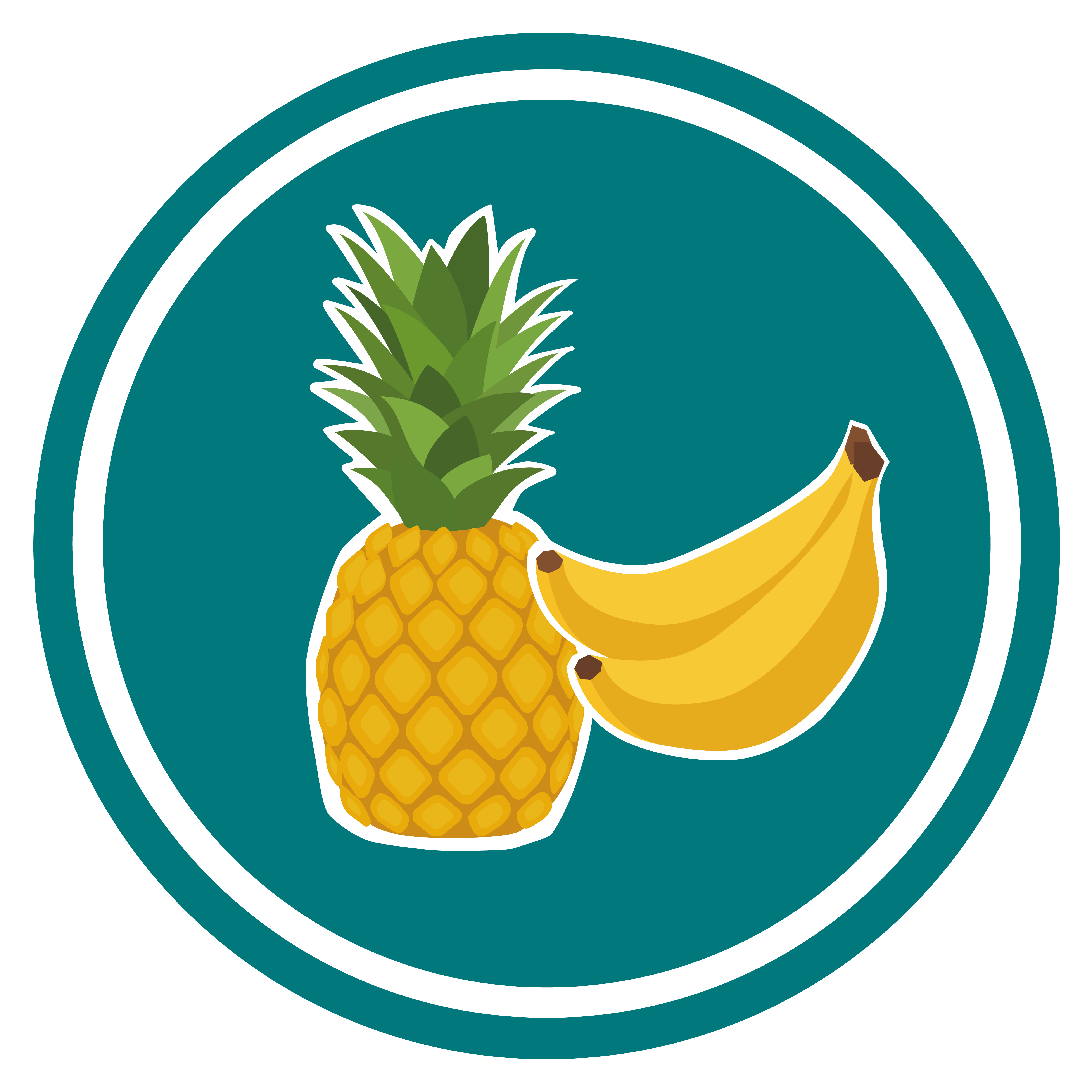 Symbol: Ananas und Banane. Text: Exotisch fruchtiger Geschmack.