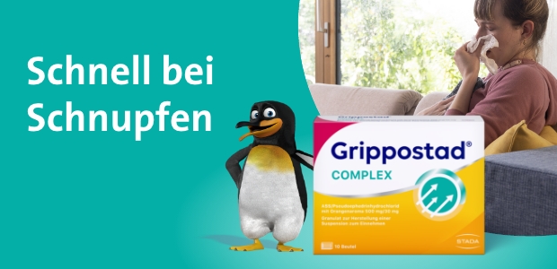 Grafik: Frau mit Taschentuch, Granulat, Orangenscheibe, Blätter. Text: Stark bei Schnupfen, Schmerzen und Fieber.