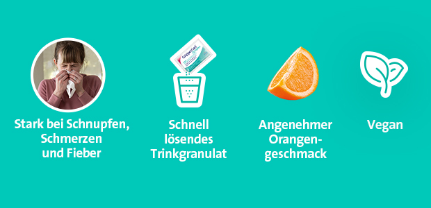 Frau trinkt Granulat in Wasser. Text: Einnahmeempfehlung: 3 mal täglich 1-2 Beutel auf einmal, max. 6 Beutel täglich.