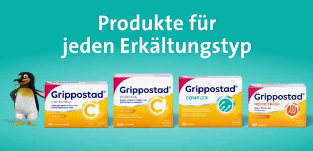 Infografik: Grippostad® C, Wirkstoffe, Anwendung, Pinguin. Text: Produkte für jeden Erkältungstyp.
