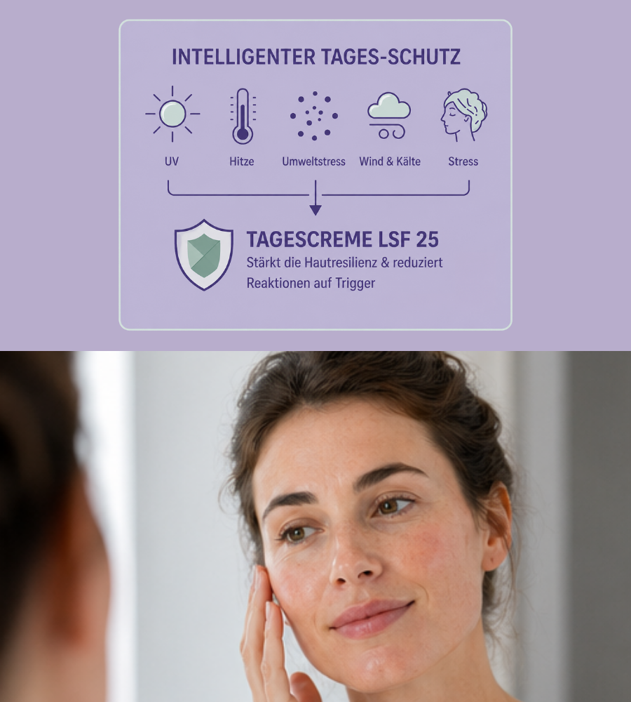 Frau. Text: Intelligenter Tages-Schutz. Tagescreme LSF 25. Stärkt die Hautresilienz & reduziert Reaktionen.