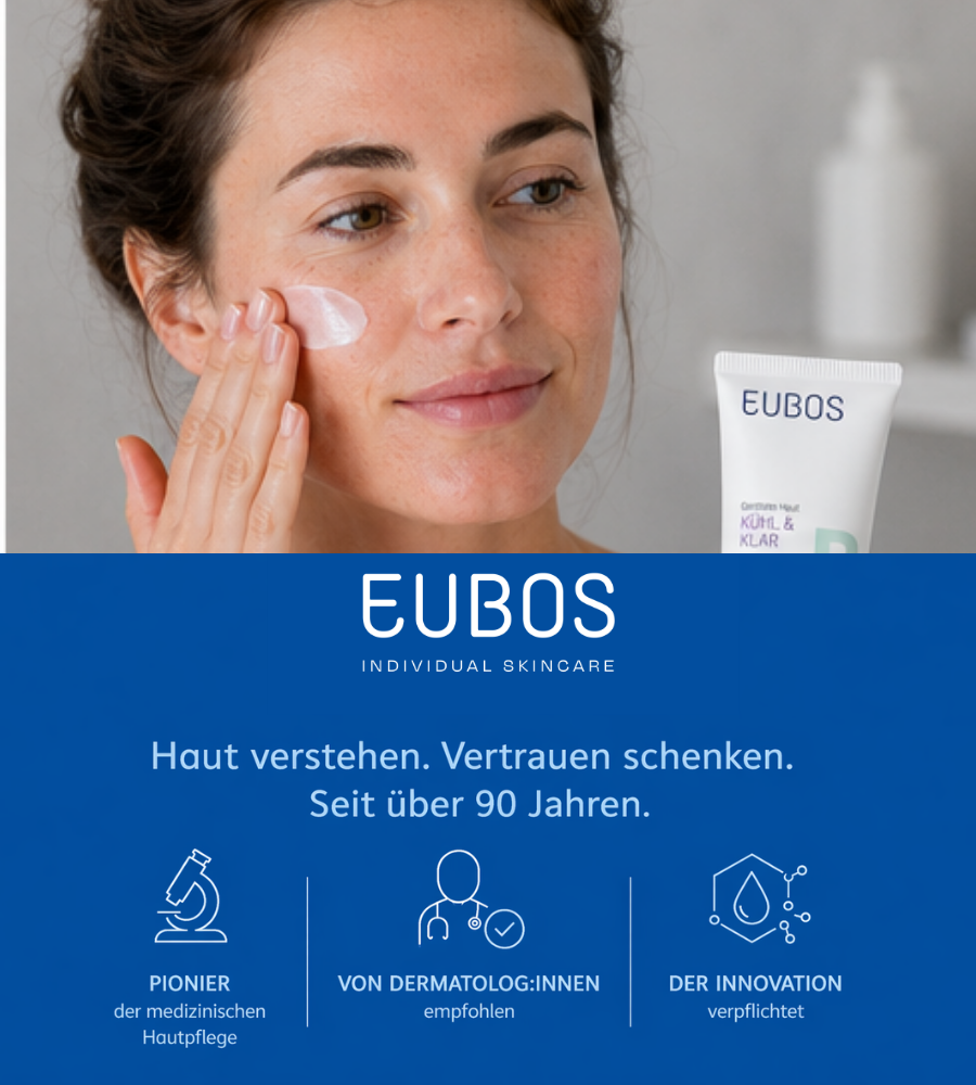 Frau trägt Creme auf. Text: Haut verstehen. Vertrauen schenken. Seit über 90 Jahren. EUBOS.