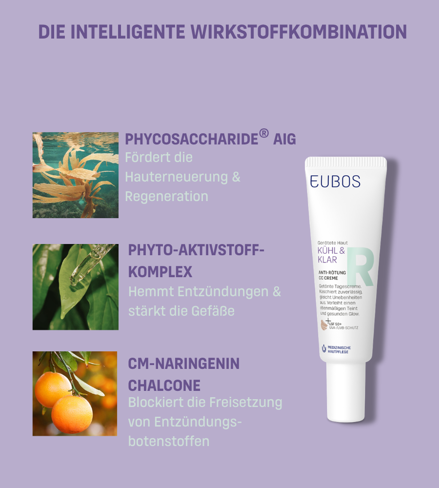 EUBOS Kühl & Klar Anti-Rötung CC Creme. Wirkstoffkombination. Lila Hintergrund. Inhaltsstoffe und Vorteile.