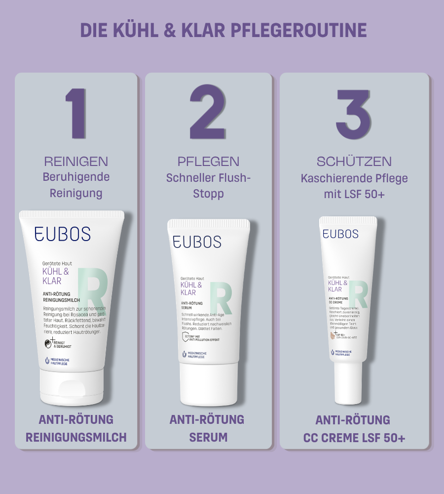 EUBOS Kühl & Klar Pflegeroutine. Drei Produkte: Reinigung, Pflege, Schutz. Lila Hintergrund. Produkte.
