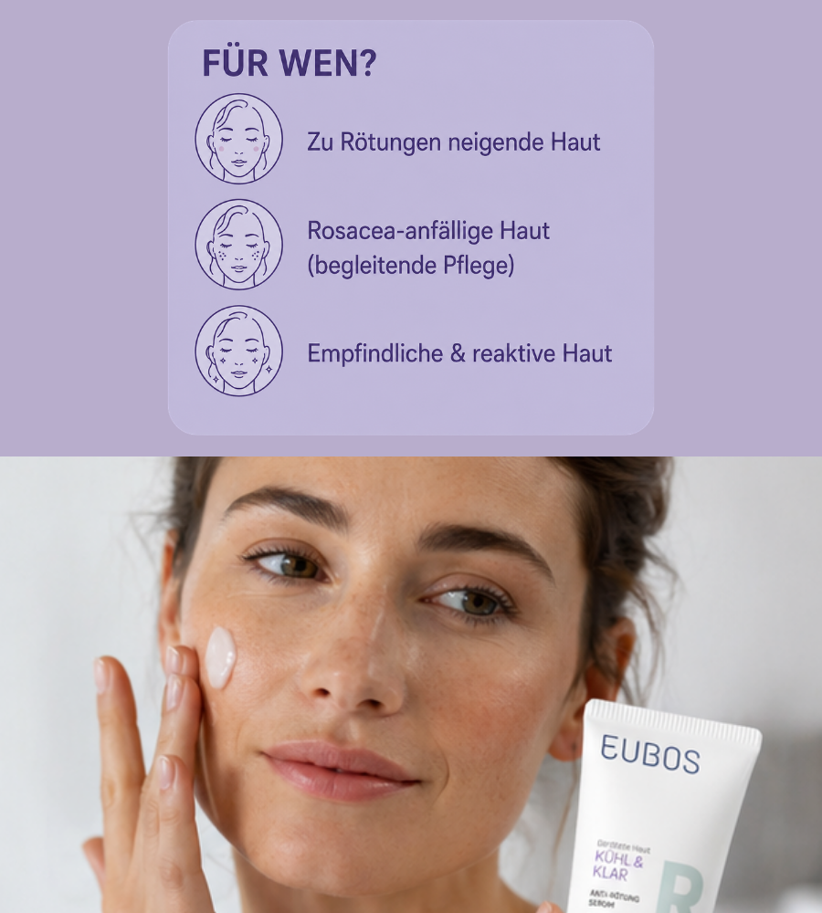 Frau mit Serum. Text: Für zu Rötungen neigende, Rosacea-anfällige und empfindliche Haut.