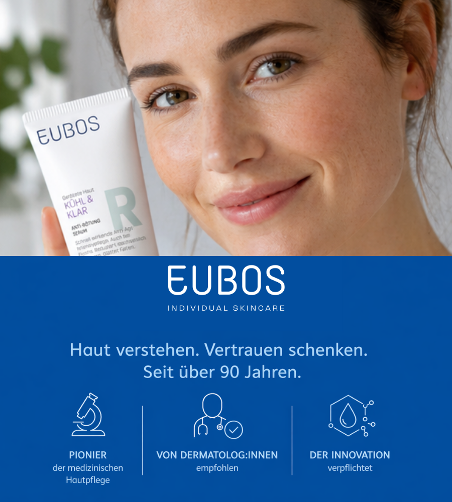 Frau mit Serum. Text: Haut verstehen. Vertrauen schenken. Über 90 Jahre. Dermatologisch empfohlen.